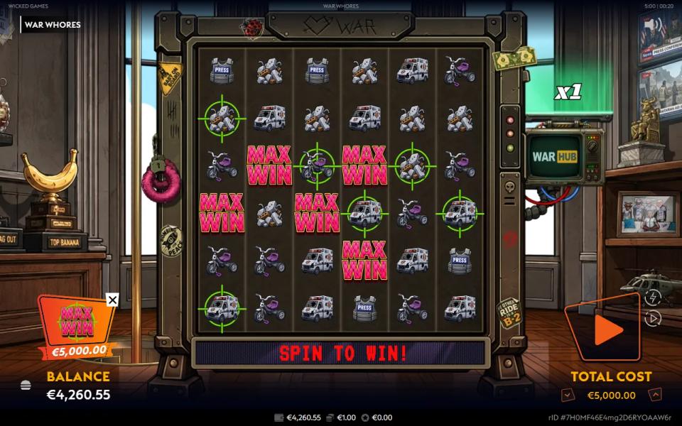 War Whores Leeroy Jenkins ante grid of blank symbols with five MAX WIN symbols and six crosshairs, none of them overlapping