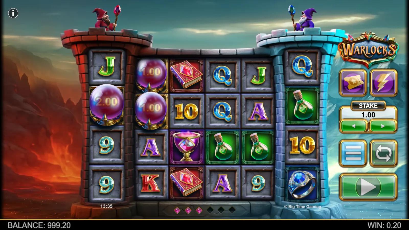 Warlocks slot gameplay showing the 6-reel grid with cash-value Orbs, warlock Wild and fire and ice wizard towers
