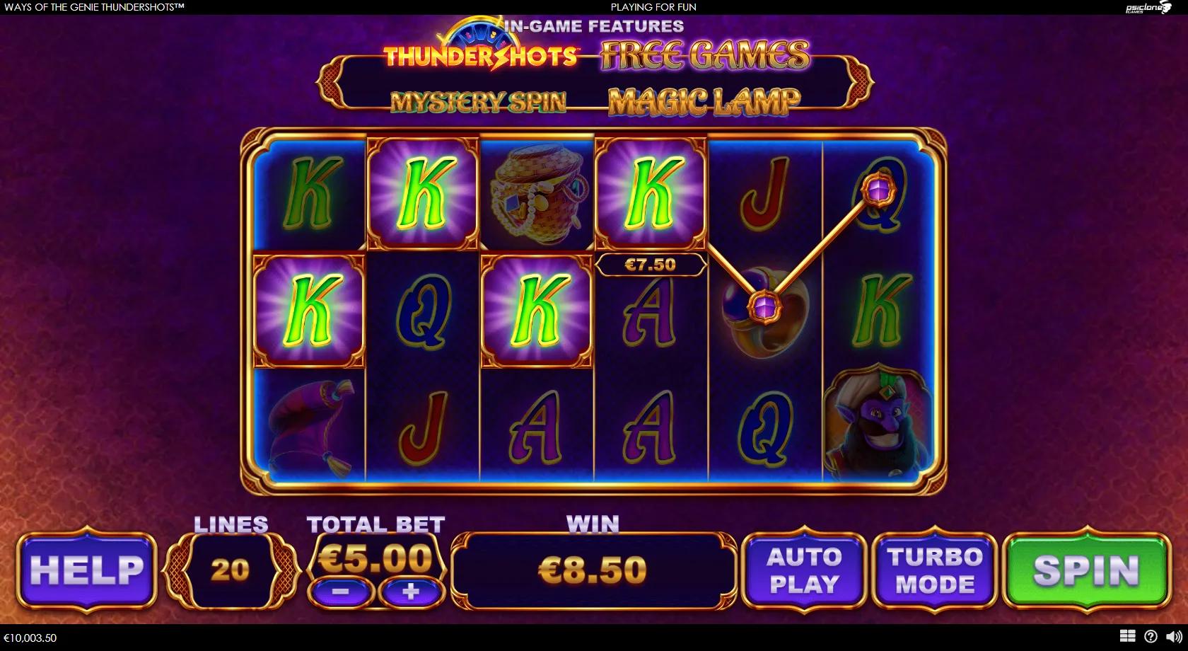 Ways of the Genie Thundershots gameplay showing 6x3 Arabian reels with genie, ring, lamp and royal symbols