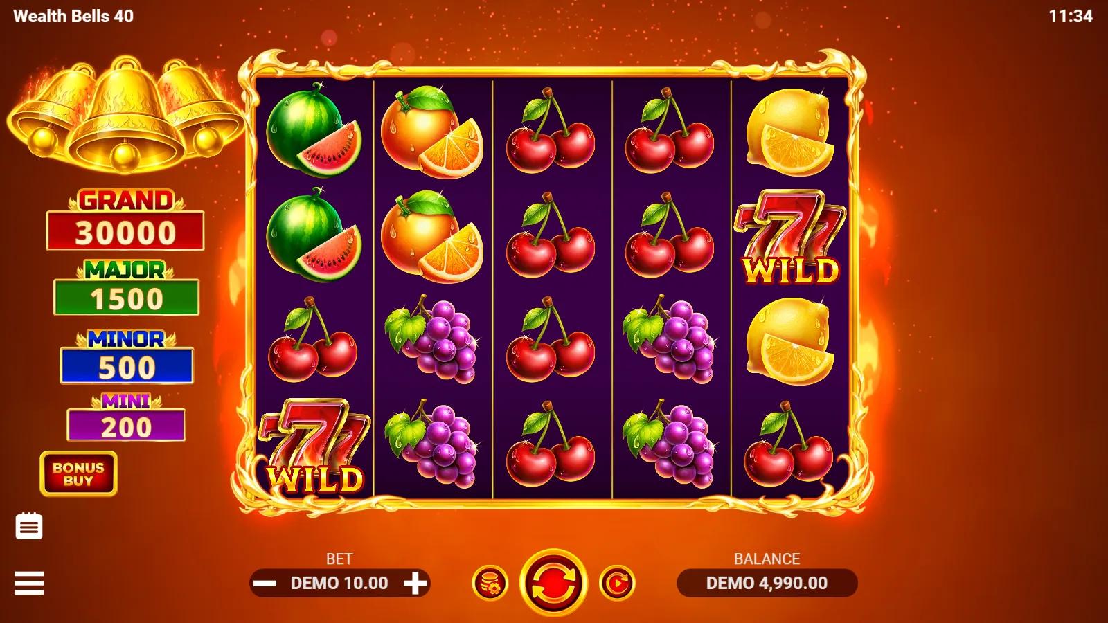 Wealth Bells 40 slot gameplay showing 5x4 flaming fruit reels with a 77 Wild and Grand to Mini jackpot ladder