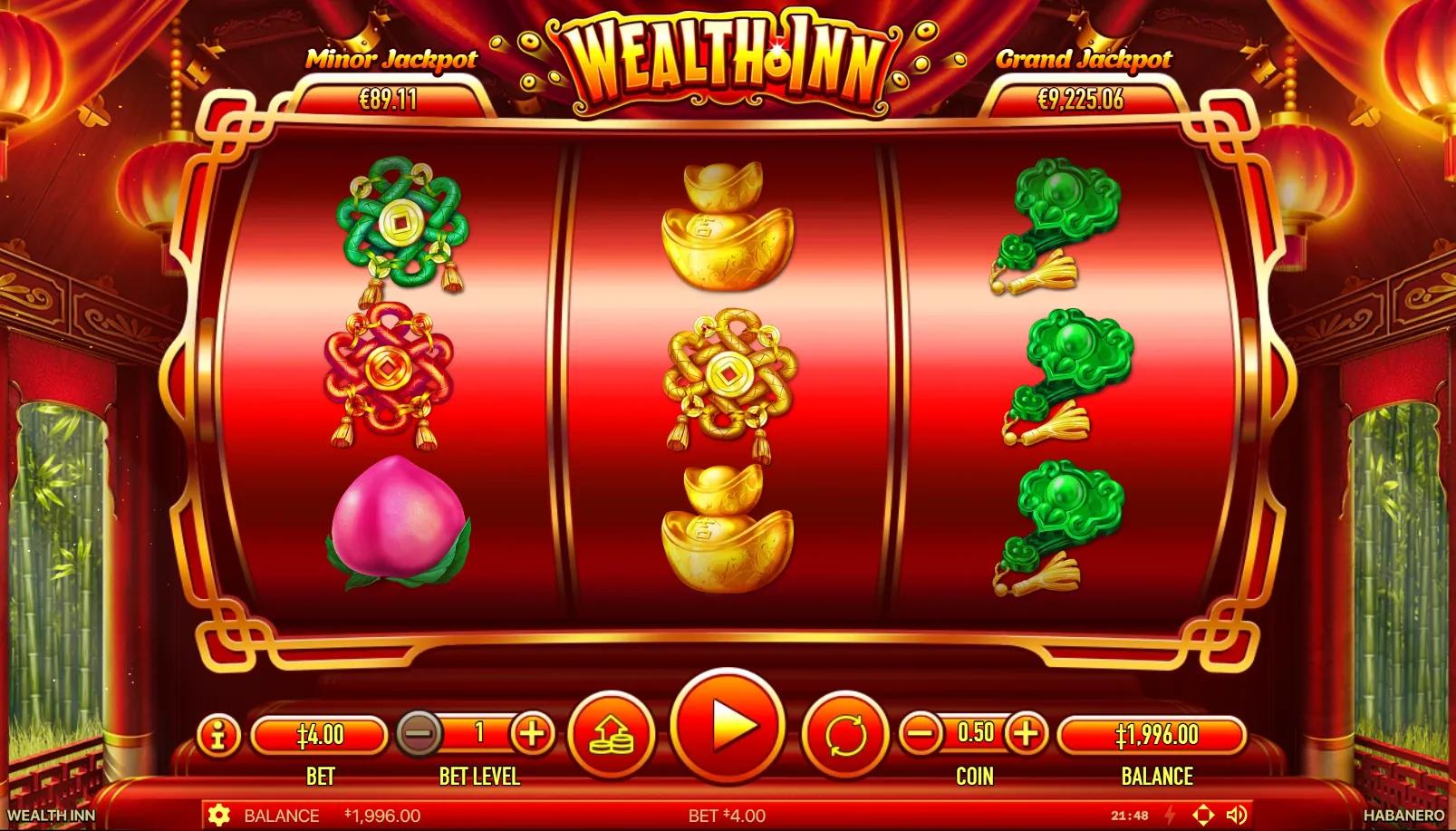 Wealth Inn 3x3 grid with Cai Shen expanding wild, gold ingots and Chinese knot symbols on a red lacquered inn backdrop
