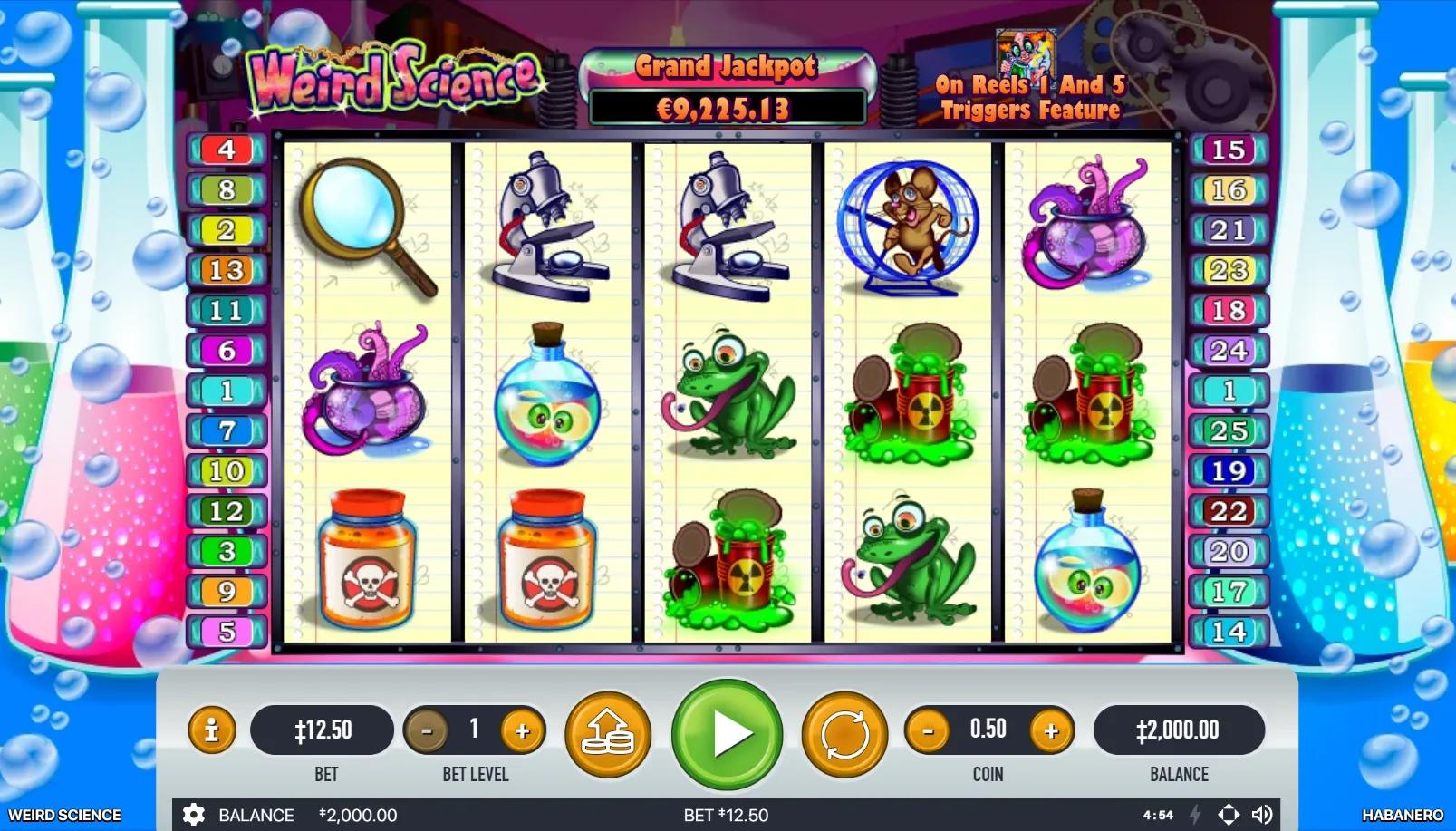 Weird Science slot gameplay showing 5x3 grid with mad scientist, magic orb, mouse, octopus and lab symbols on lab backdrop