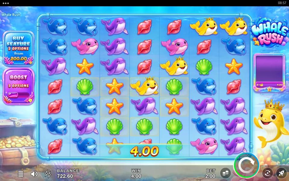 Whale Rush 7x7 base grid of whales, shells and starfish with no cluster paying and the Buy Feature and Boost plaques on the left