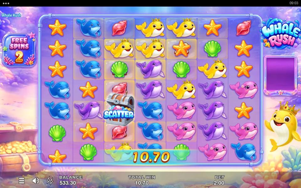 Whale Rush free spins round with two spins left, cleared cells lit across the board, a Scatter in view and a cluster paying