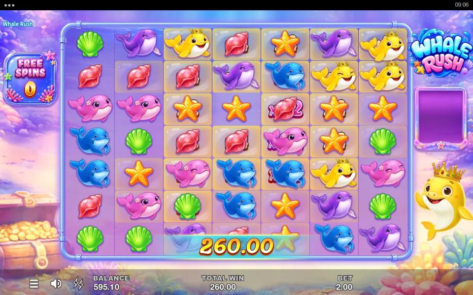 Whale Rush free spins ending with the counter at zero, marks over most of the grid and a single x2 multiplier cell