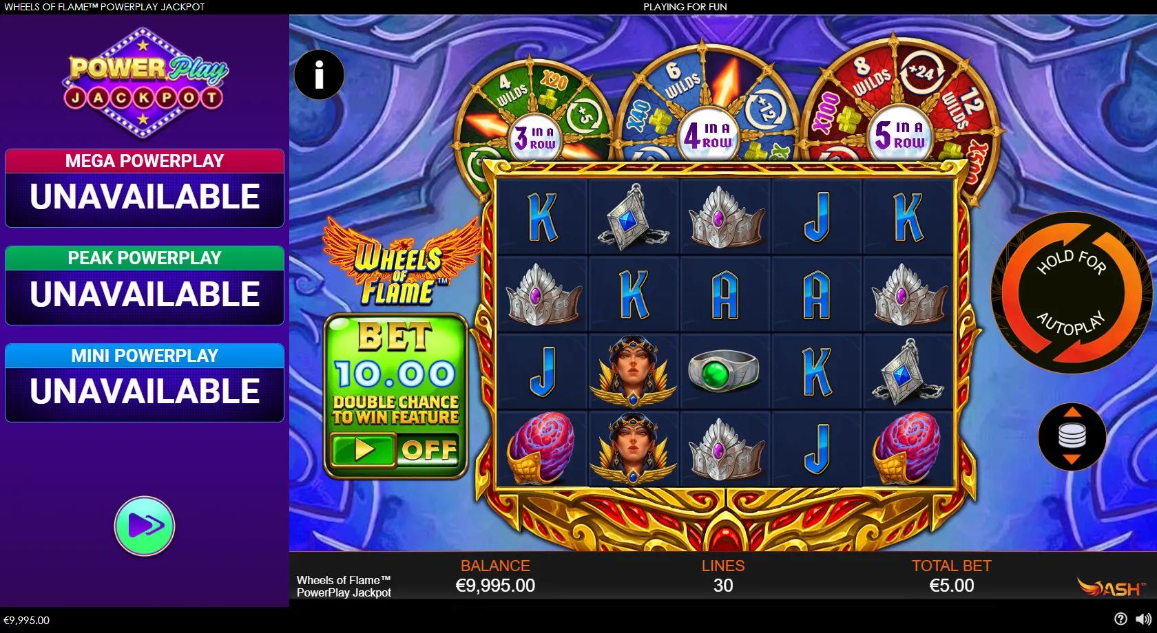 Wheels of Flame PowerPlay Jackpot slot gameplay showing the blue phoenix, volcanic backdrop and jewelled premium symbols on a 5x4 grid