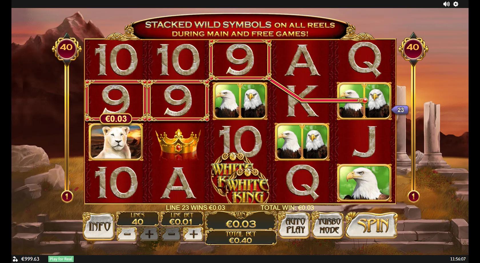 White King II slot: 5x4 40-line grid with stacked white-lion wilds, eagle and the golden crown scatter