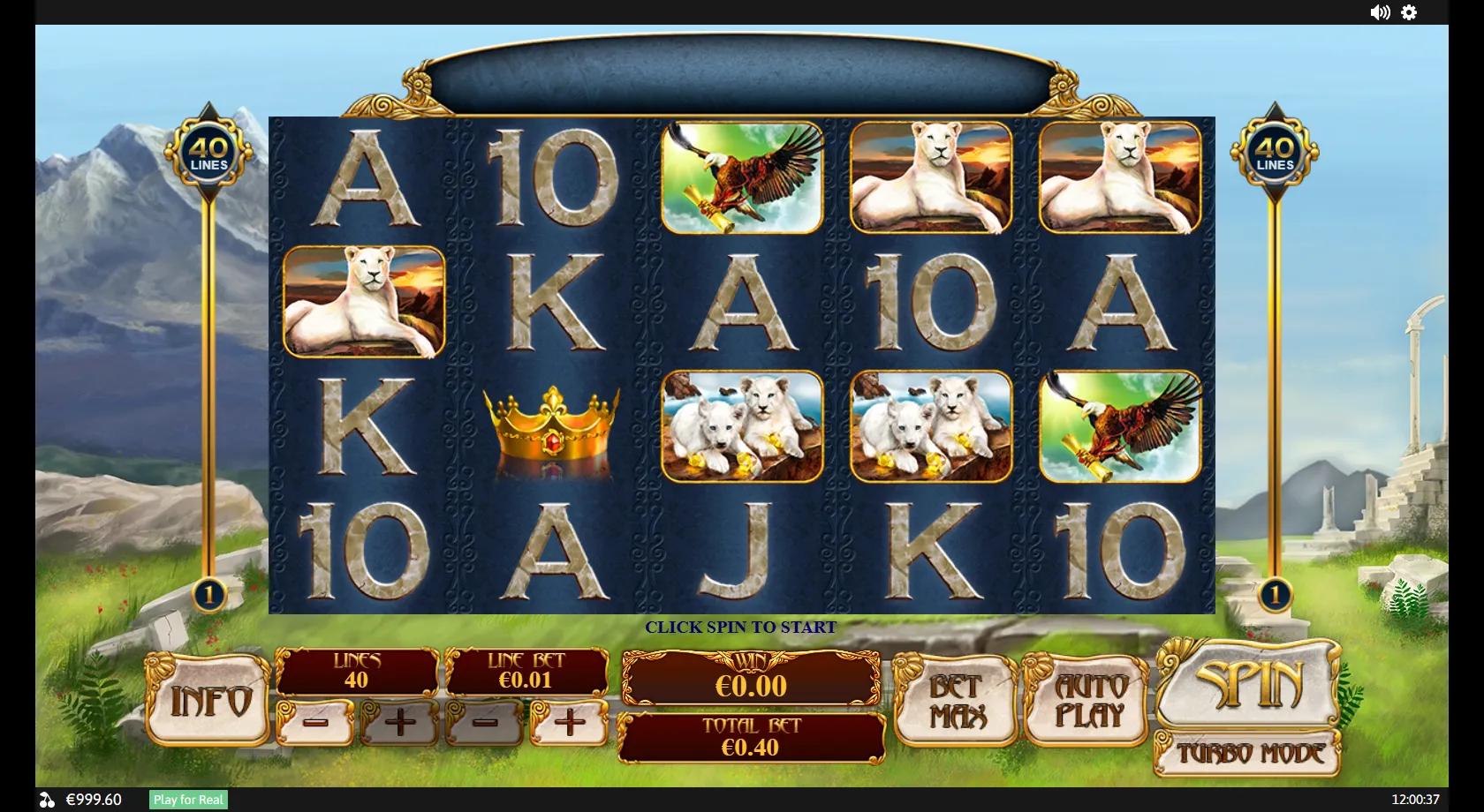 White King slot: 5x4 40-line grid with stacked white-lion wilds, eagle and the golden crown scatter