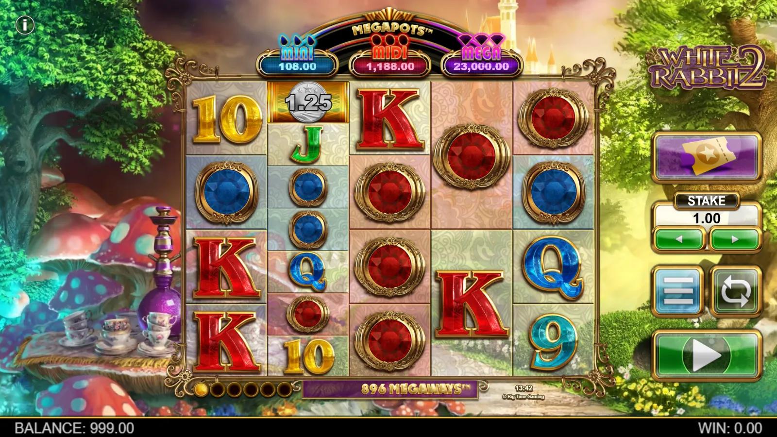 White Rabbit 2 slot gameplay showing the 5-reel extending Megaways grid with Megapots meters, gemstone symbols and cash Coins