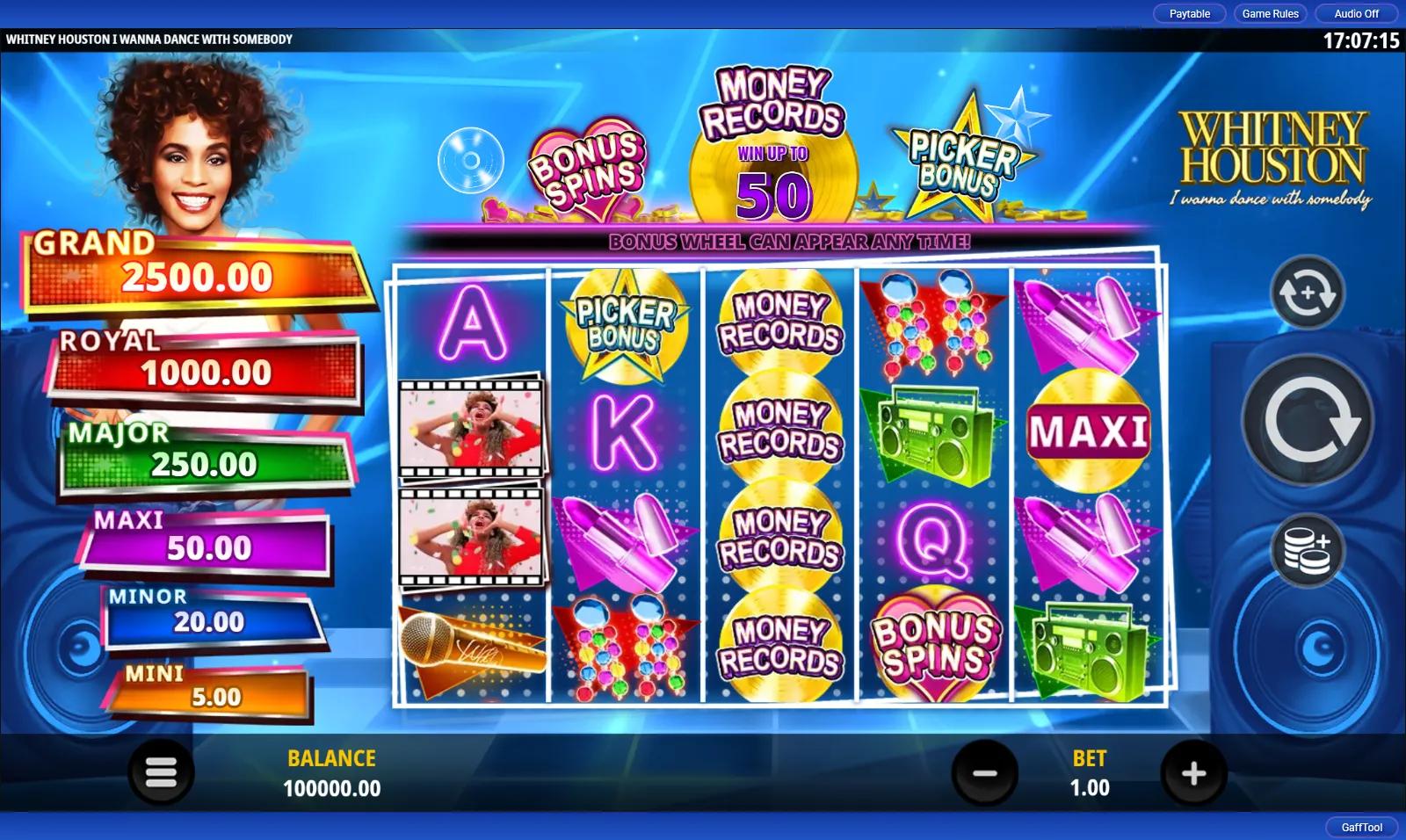 Whitney Houston I Wanna Dance With Somebody slot showing the 5x4 grid with Money Records cash discs and jackpot ladder