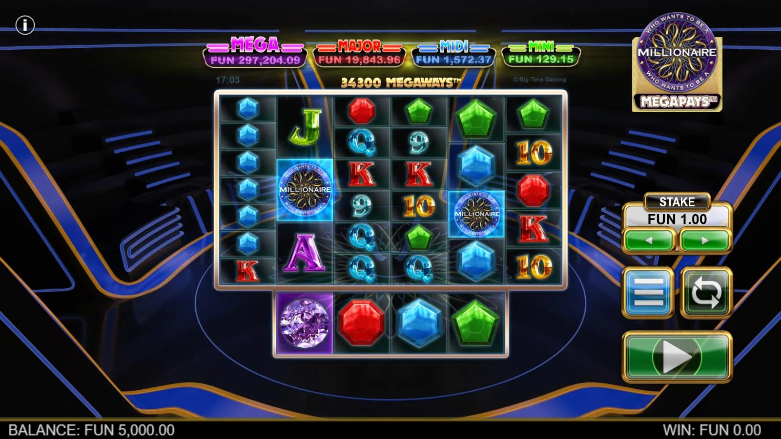 Who Wants To Be A Millionaire Megapays slot gameplay showing the 6-reel Megaways grid with the four-tier progressive jackpot ladder