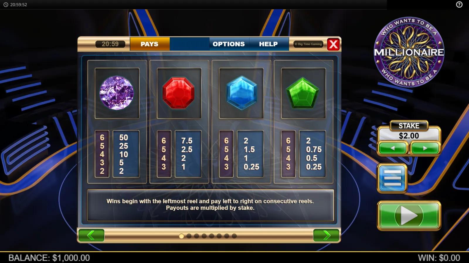 Who Wants to Be a Millionaire Megaways slot PAYS screen showing coloured gem payouts in the blue Millionaire studio
