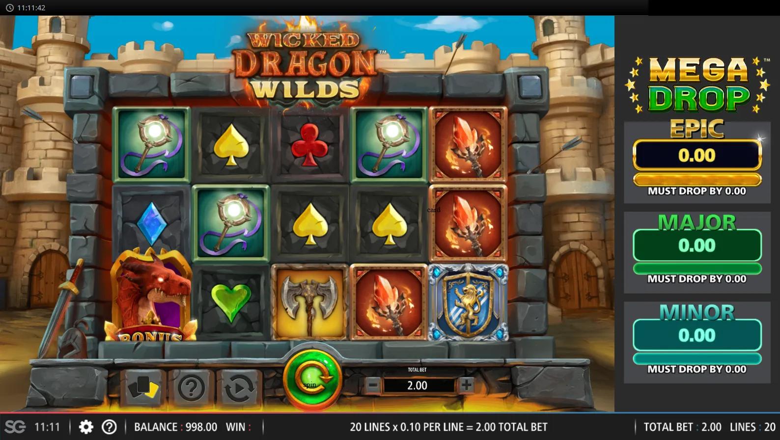 Wicked Dragon Wilds slot gameplay showing 5x3 castle grid with stacked Shield reel and two Dragon Bonus symbols