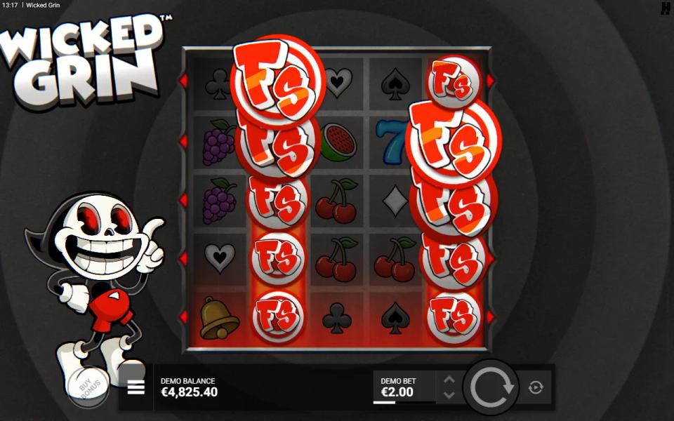 Two red FS scatter symbols expanded to cover the first and last reels of the Wicked Grin grid