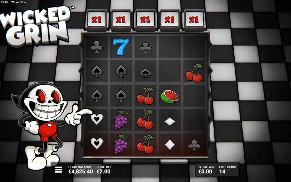 Wicked Grin free-spins board with five Stash multiplier plaques still showing x1 above the reels and no expanding symbol