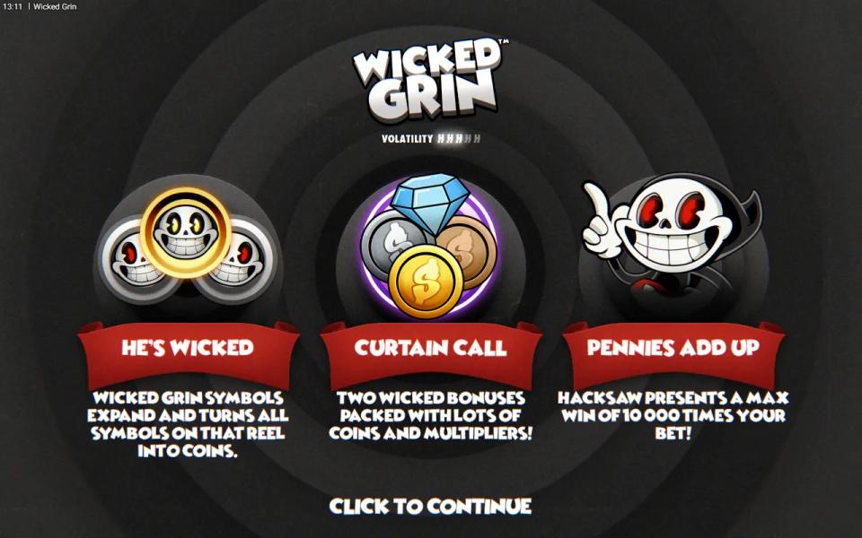Wicked Grin splash screen with a three of five volatility meter and three cartoon feature cards