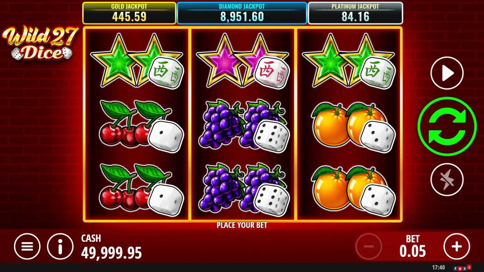 Wild 27 Dice slot gameplay showing the 3x3 dice-and-fruit grid with star tiles and Gold/Diamond/Platinum jackpots