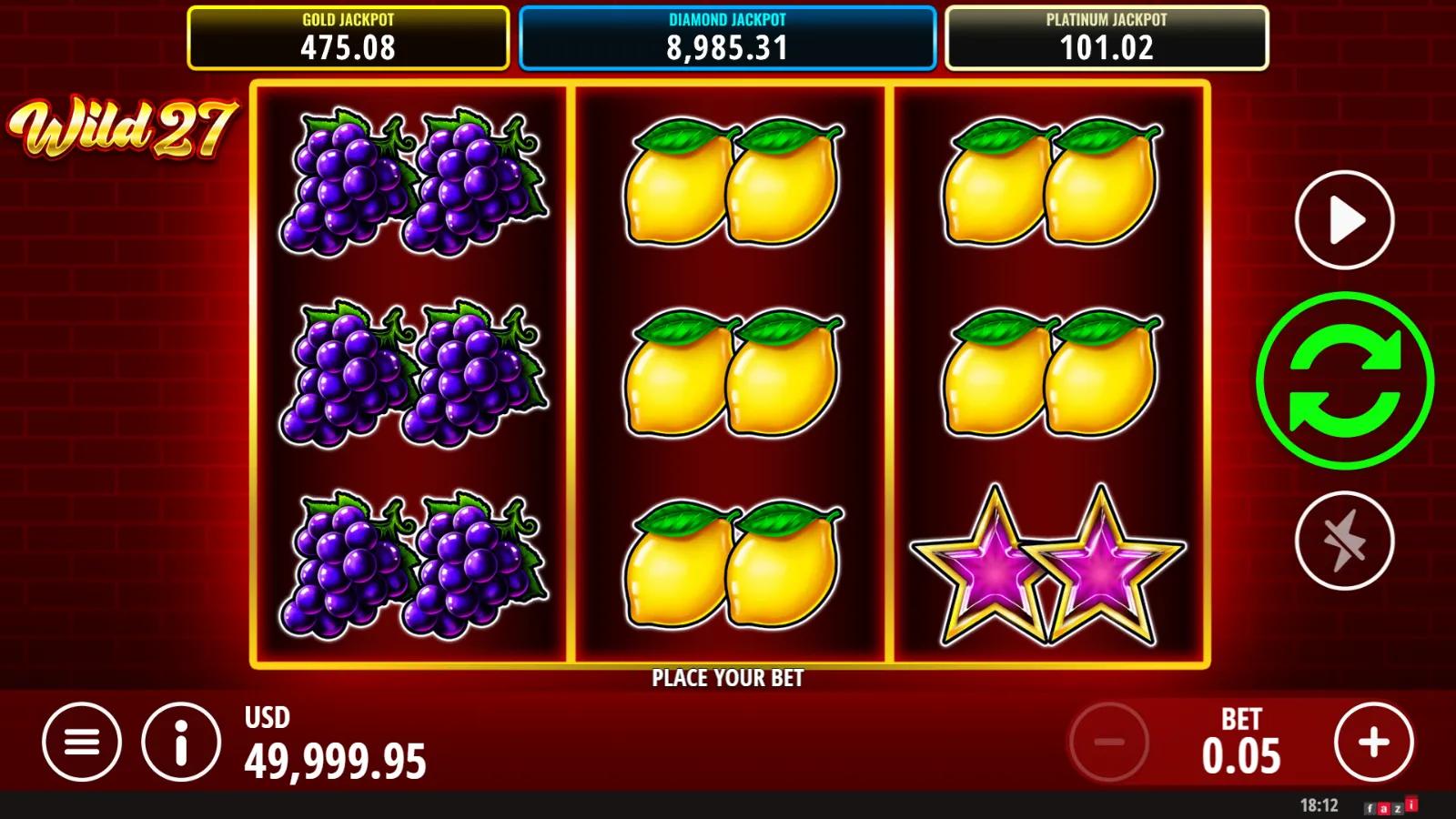Wild 27 slot gameplay showing 3x3 fruit grid with red 7, BAR, pink and green stars, fruits and 27 paylines
