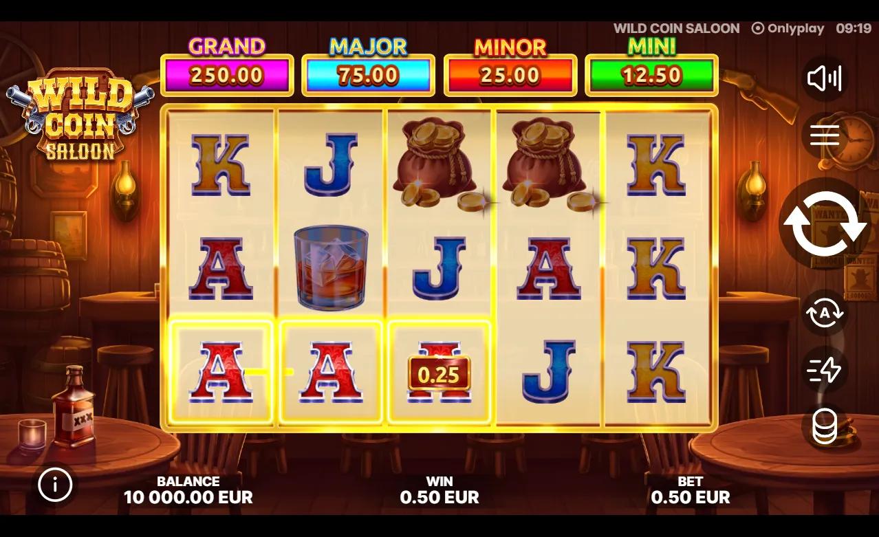 Wild Coin Saloon slot gameplay showing 5x3 western reels with gold coin symbols, revolver and a four-tier jackpot ticker