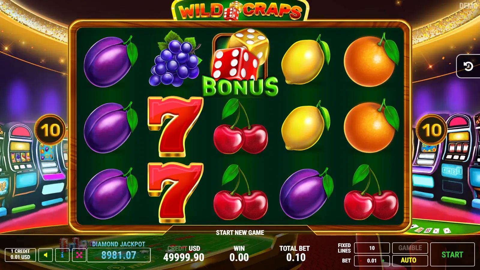 Wild Craps slot gameplay showing 5x3 fruit grid with dice bonus and wild, red 7, bell and 10 paylines on a casino table