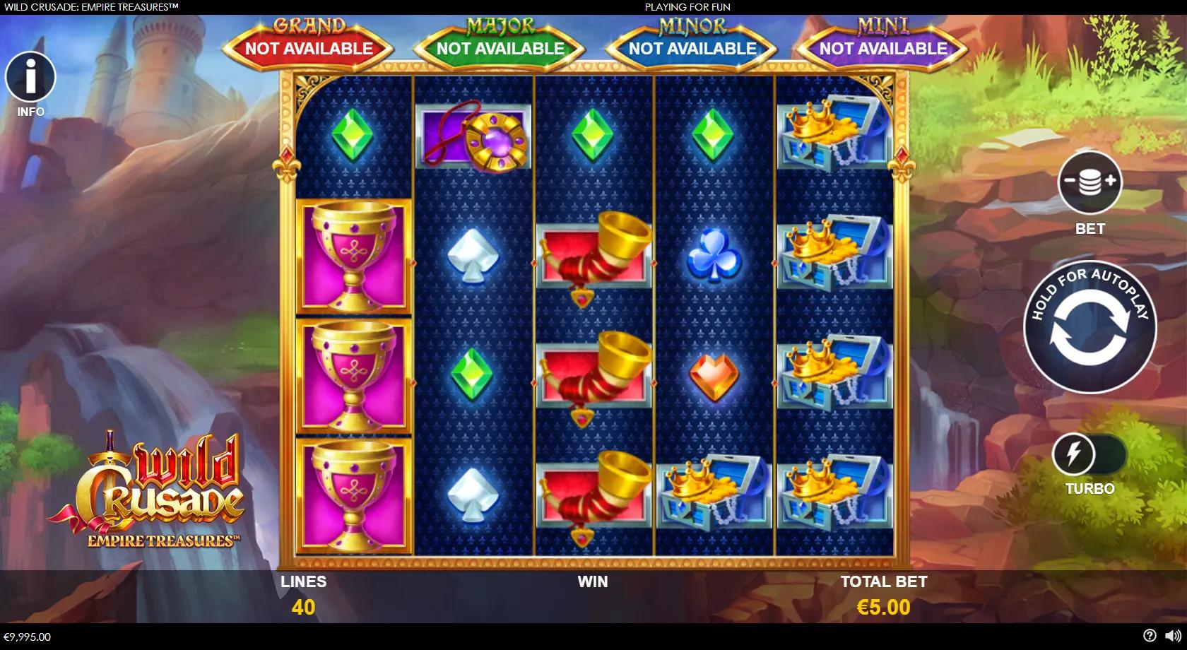 Wild Crusade Empire Treasures gameplay showing a 5x4 medieval reel set with a flaming sword wild, treasure symbols and four jackpots