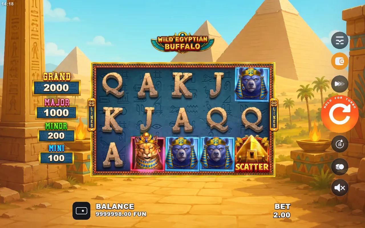 Wild Egyptian Buffalo slot 5x3 grid with falcon, cat and jackal deity symbols and the Grand to Mini jackpot ladder