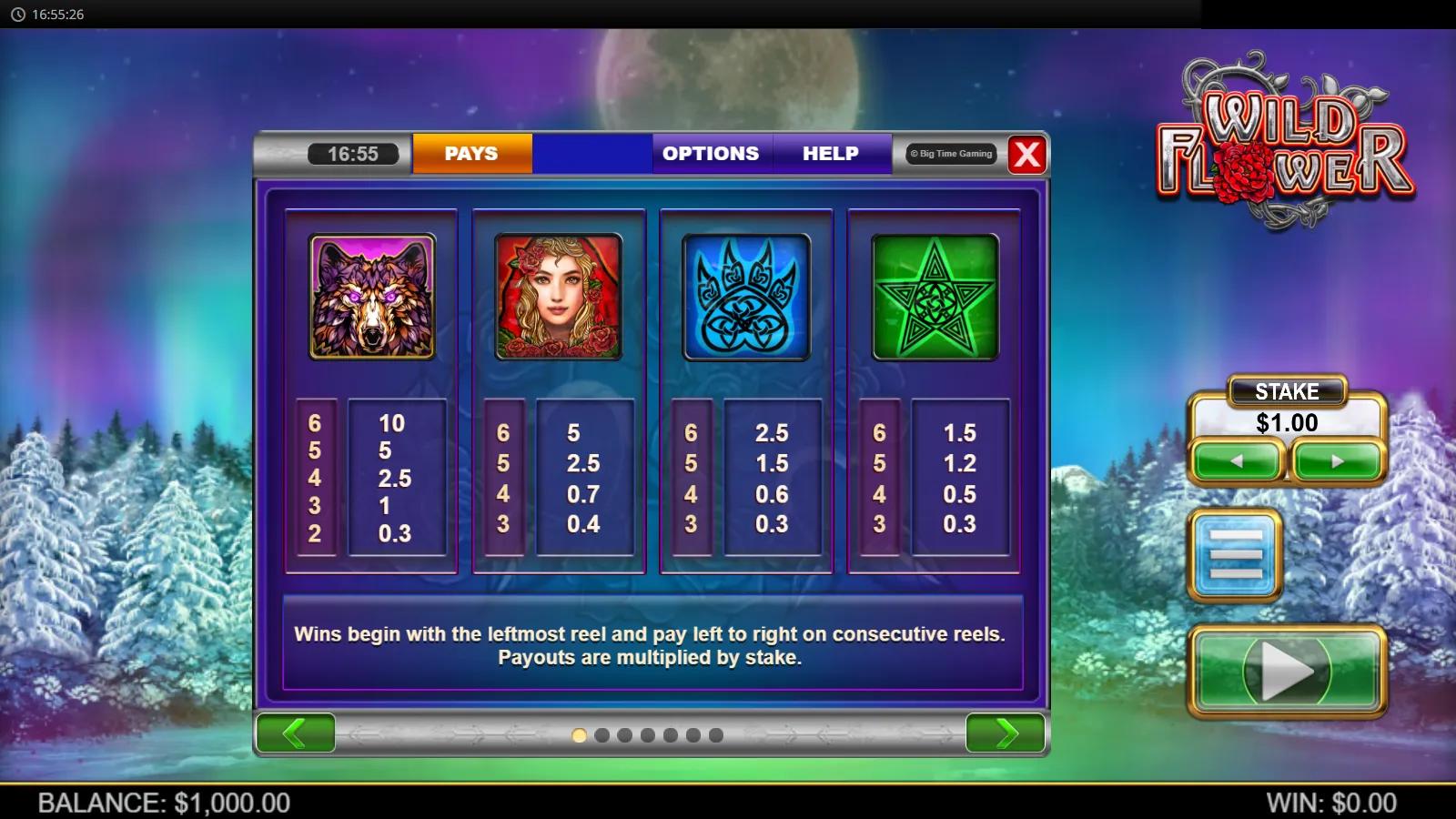 Wild Flower slot PAYS screen showing wolf and maiden symbols in a moonlit aurora forest