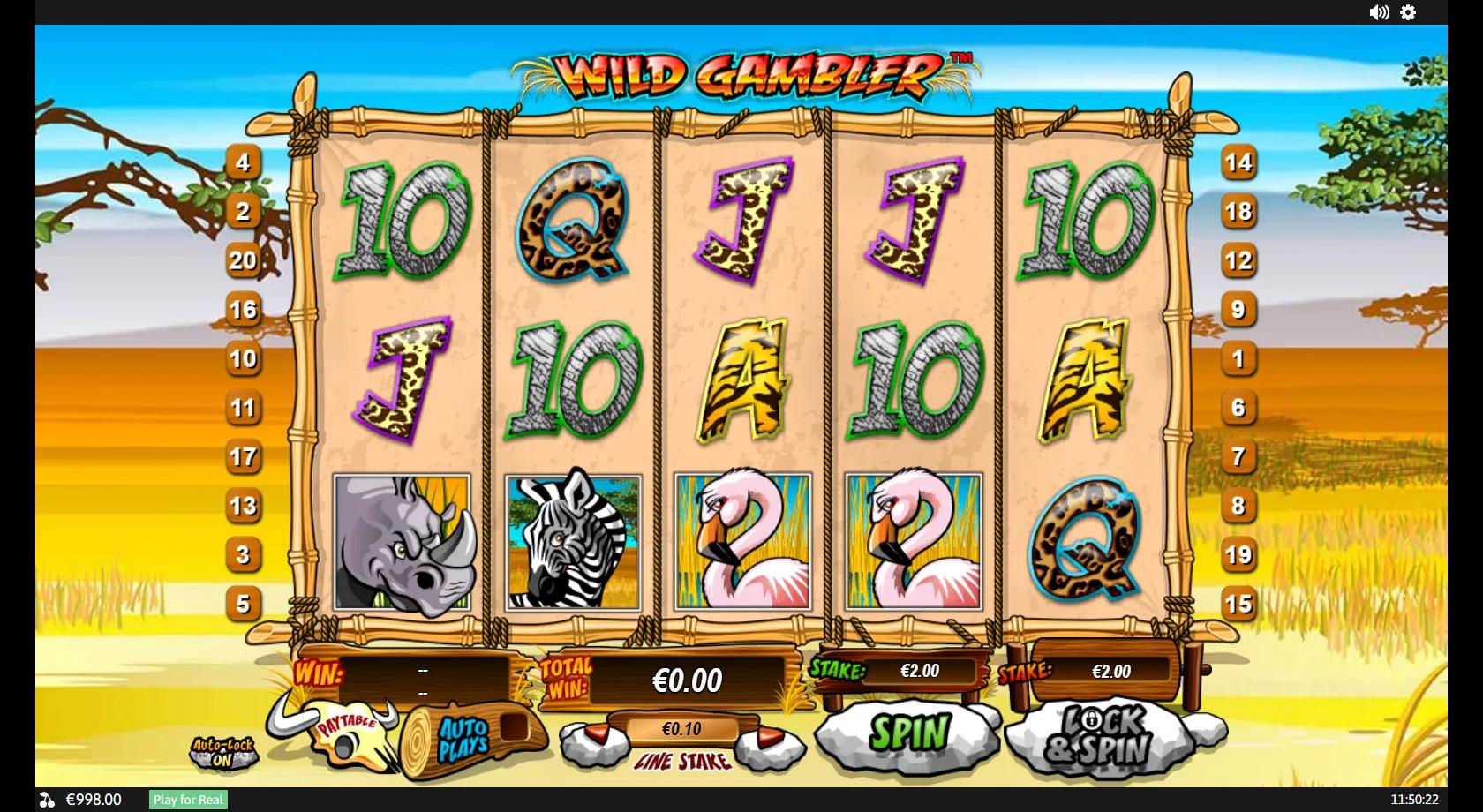 Wild Gambler slot: 5x3 20-line safari grid with a lockable lion wild, rhino, zebra and flamingo symbols