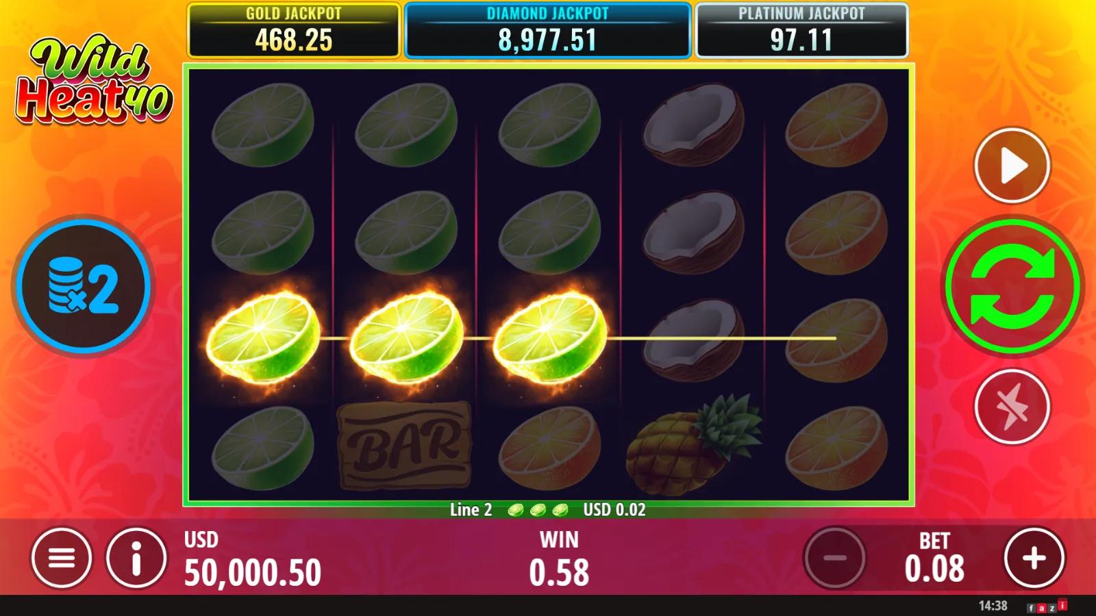 Wild Heat 40 slot gameplay showing 5x4 tropical fruit grid with blue and pink Wild symbols, red 7 and 40 paylines