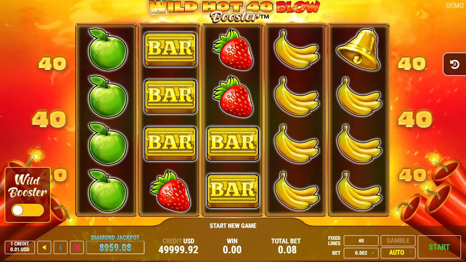 Wild Hot 40 Blow Booster slot gameplay showing 5x4 fruit reels with red sevens, dynamite wilds and 40 paylines