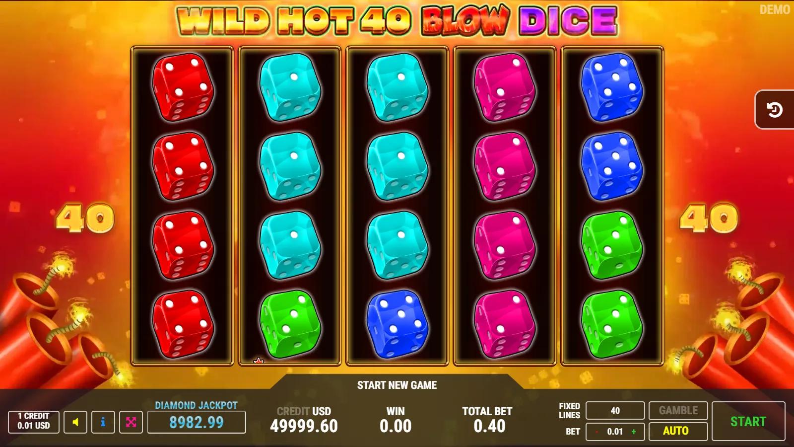 Wild Hot 40 Blow Dice slot gameplay showing 5x4 coloured-dice grid with dynamite WILD, star scatter and 40 paylines