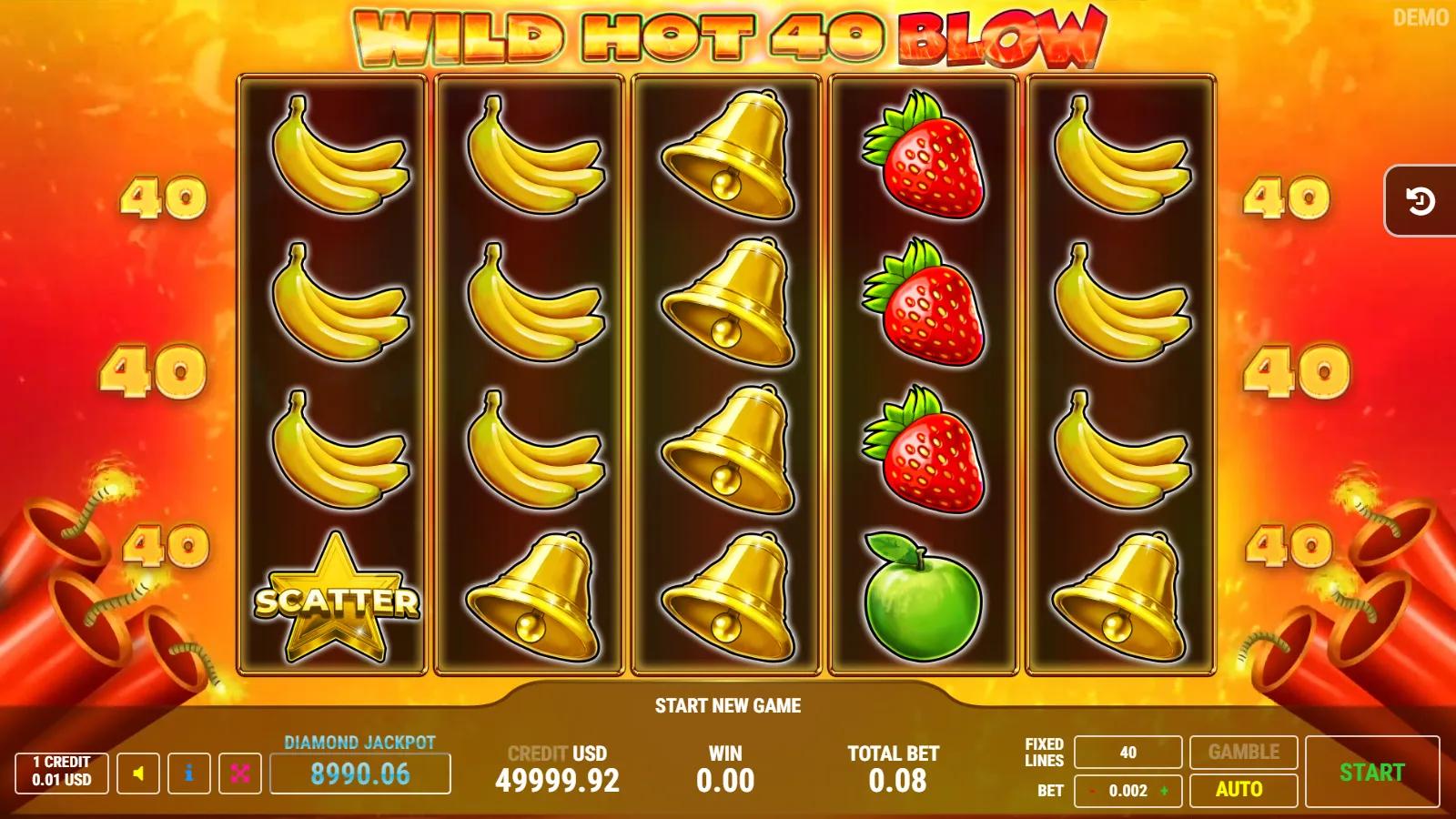 Wild Hot 40 Blow slot gameplay showing 5x4 flaming fruit grid with dynamite stretching wild, gold star scatter, BAR and 40 paylines