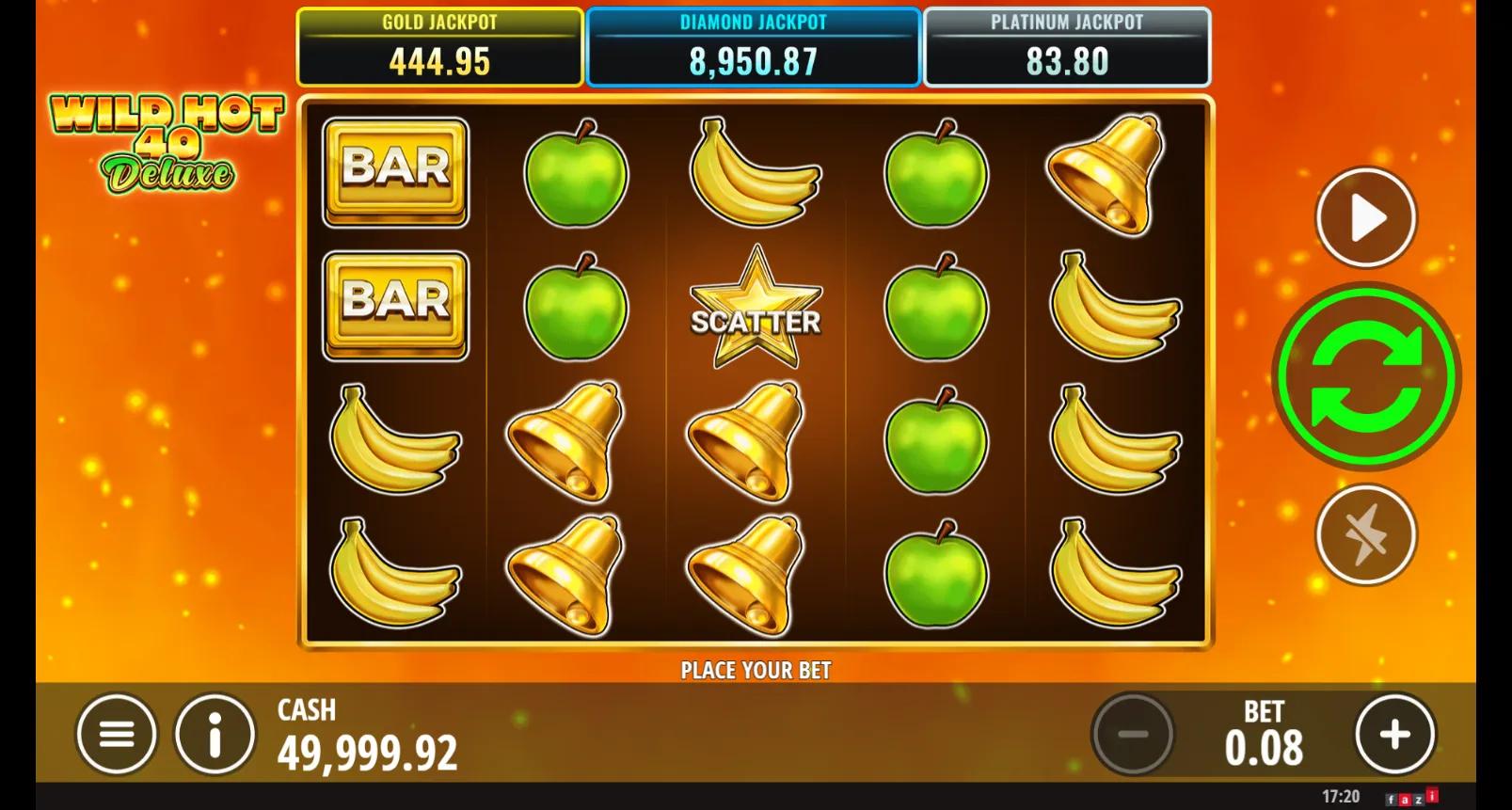 Wild Hot 40 Deluxe slot gameplay showing 5x4 classic fruit grid with BAR, 7s, star Scatter and three jackpot meters