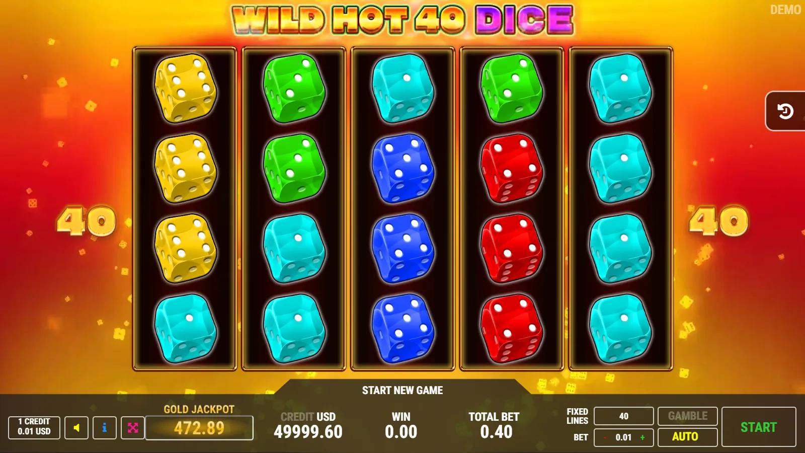 Wild Hot 40 Dice slot gameplay showing 5x4 grid of coloured dice with WILD starburst, star scatter and 40 paylines
