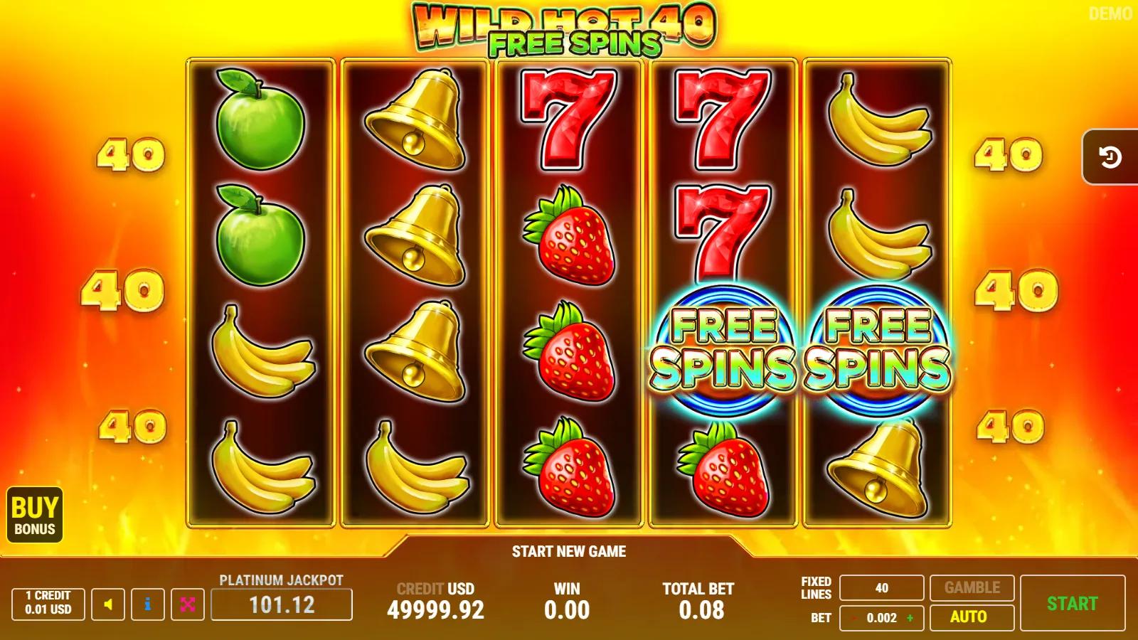 Wild Hot 40 Free Spins slot gameplay showing 5x4 flaming fruit grid with red 7 wild, free spins scatter, BAR and 40 paylines