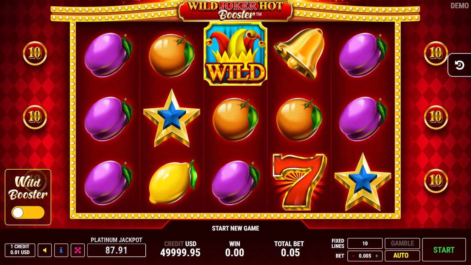 Wild Joker Hot Booster slot gameplay showing 5x3 fruit reels with a Joker Wild, star scatters and 10 paylines