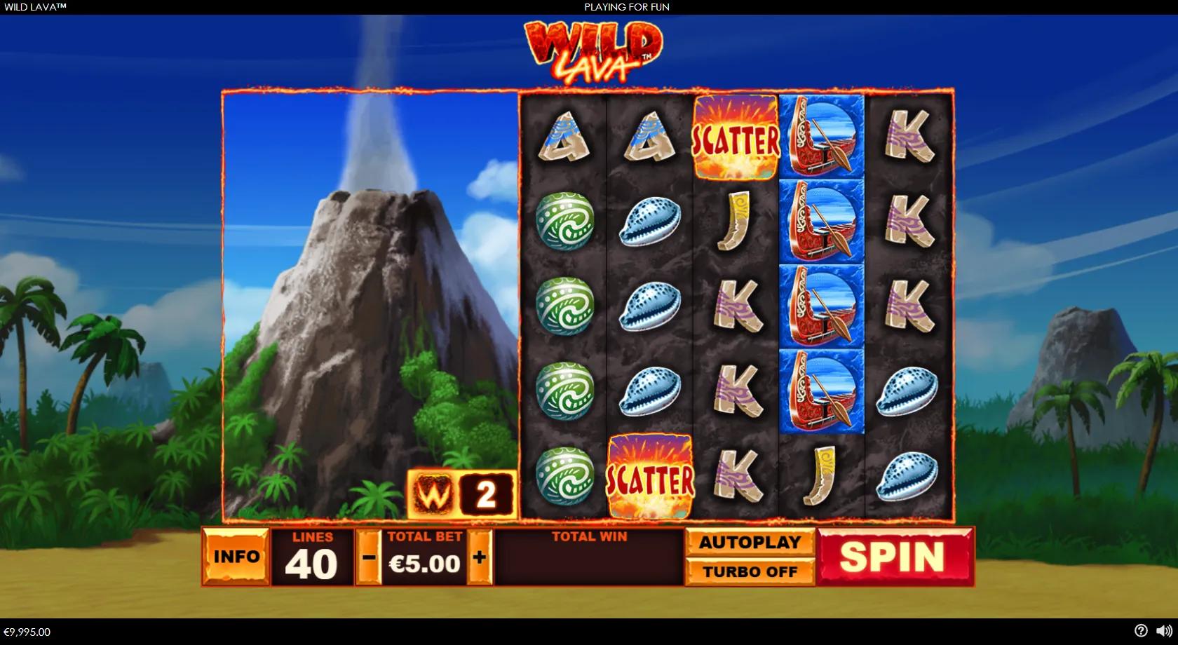 Wild Lava 5x5 40-line volcano grid with Polynesian tiki symbols, a scatter and the wild eruption meter
