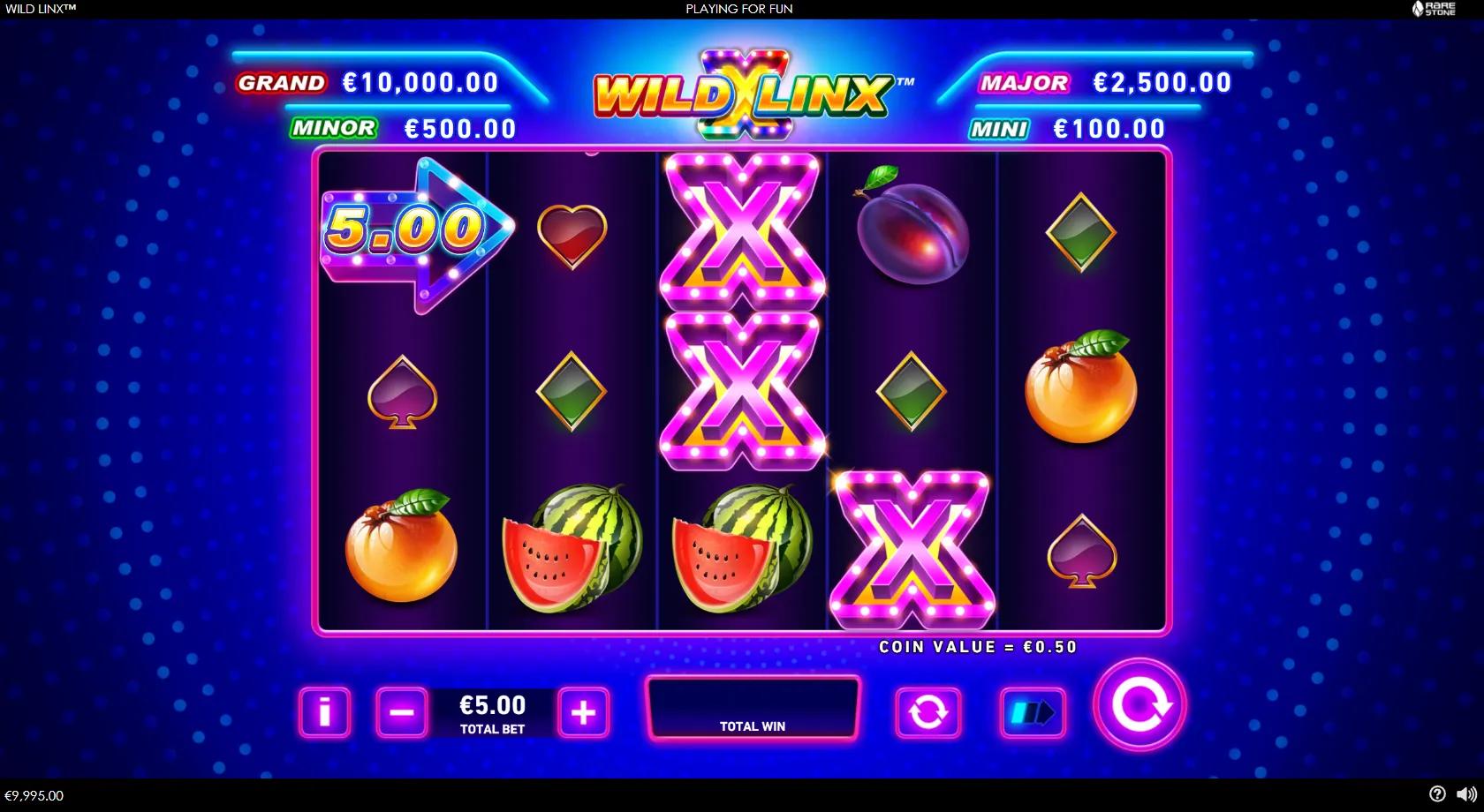 Wild Linx slot gameplay showing the 5x3 25-line grid with neon X wilds, fruit symbols and cash arrows