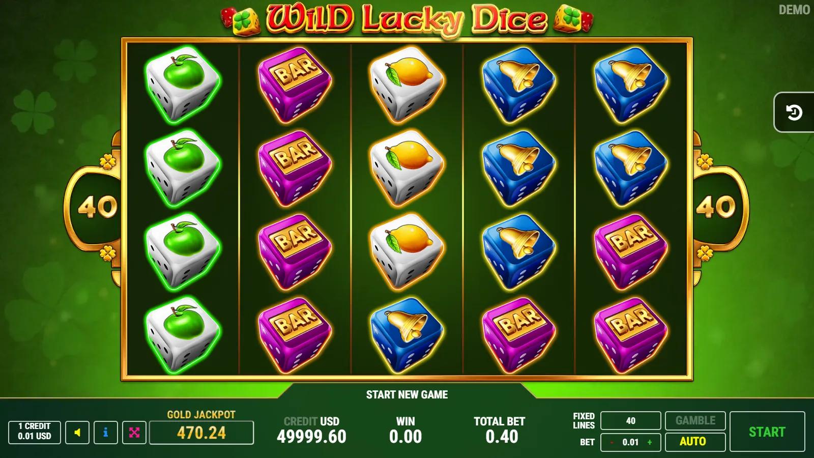 Wild Lucky Dice slot gameplay showing 5x4 dice-symbol grid with clover WILD, gold BONUS coin, BAR and 7 dice and 40 paylines