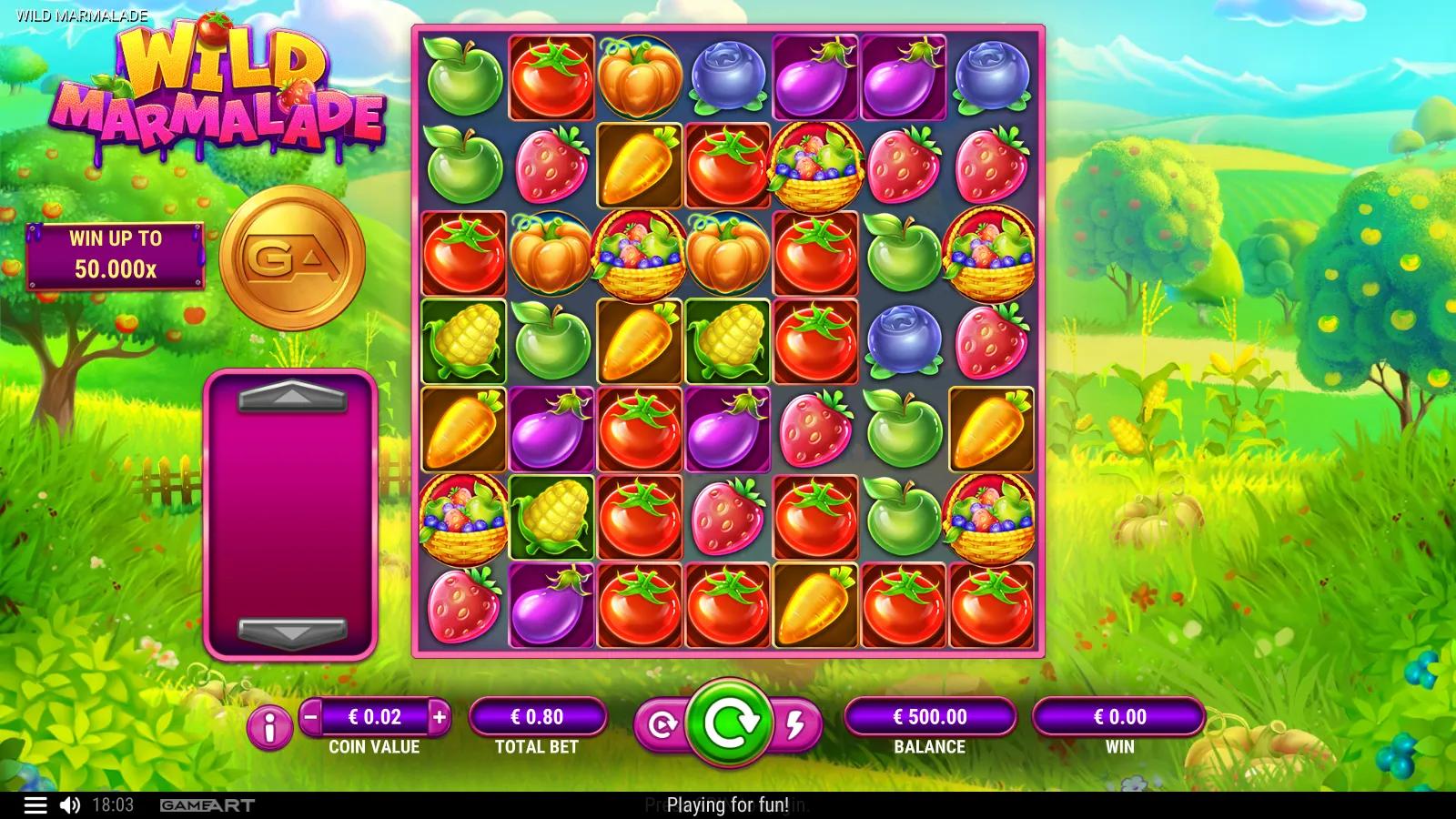 Wild Marmalade slot gameplay showing the 7x7 cluster grid of fruit and vegetable symbols with pumpkin Wild multipliers on a countryside farm