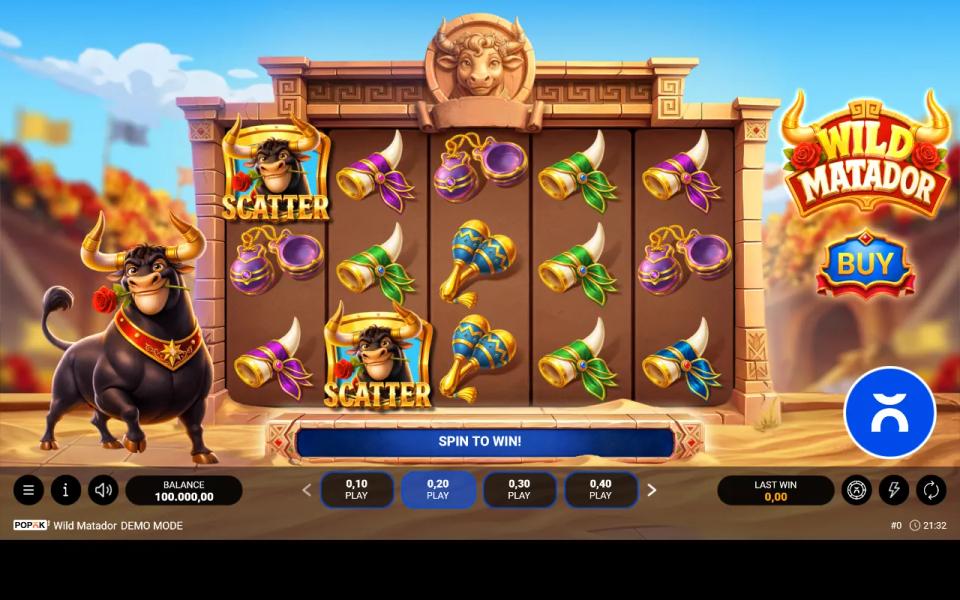 Wild Matador 5x3 slot grid showing two bull's head scatter symbols among banderillas, castanets and maracas, with no winning line
