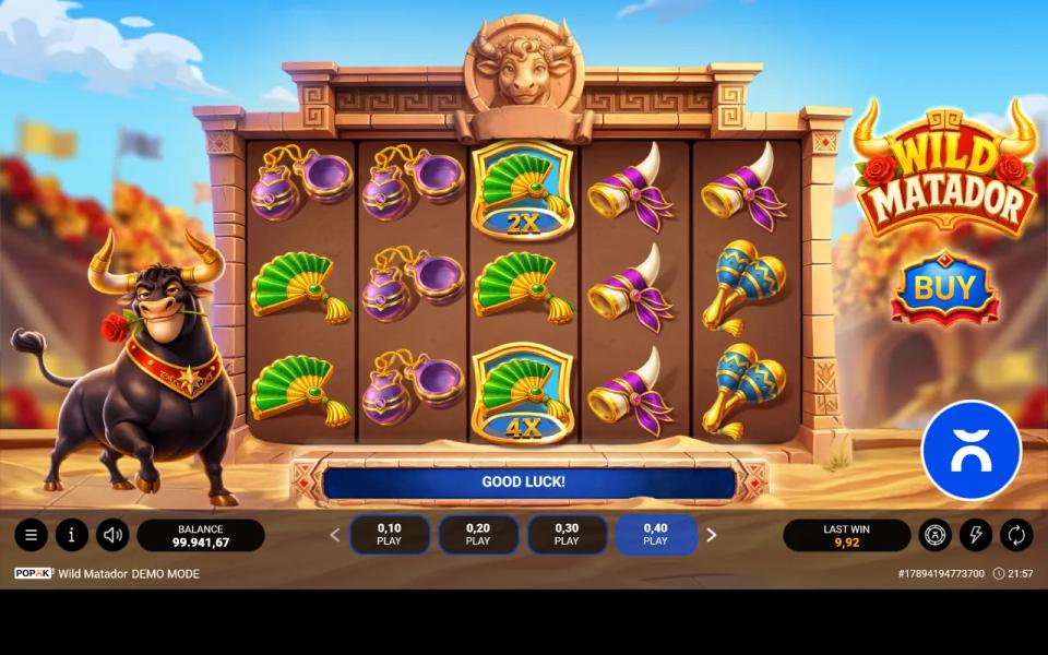 Two gold-framed fan symbols marked 2x and 4x on the middle reel of Wild Matador, on a board with no winning line