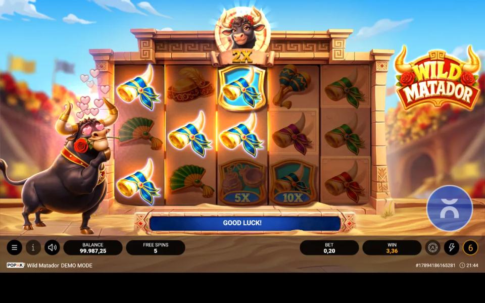 Wild Matador free spins with a 2x banked multiplier on a medallion above the 5x3 reels and five spins remaining