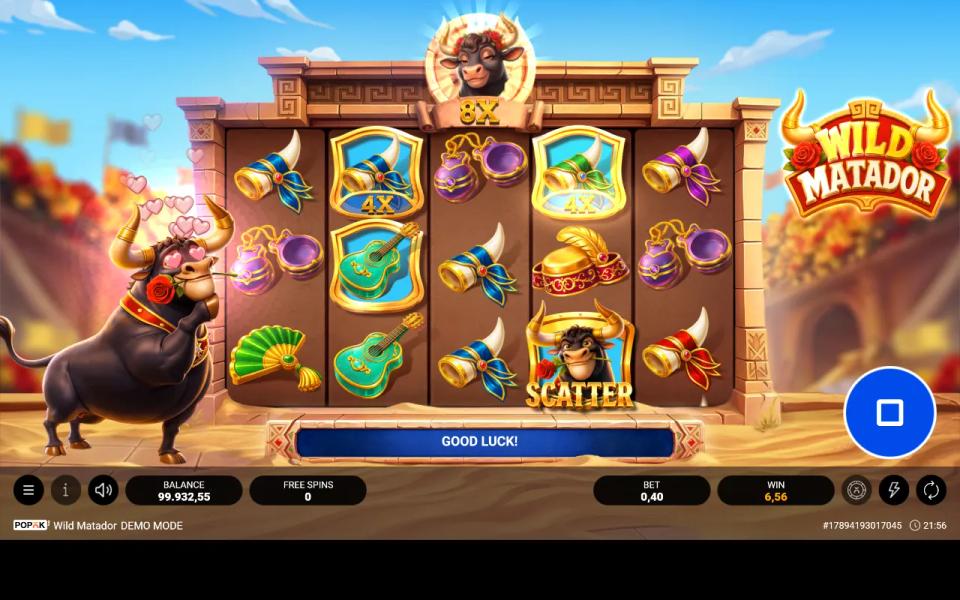 Wild Matador bought free spins round with an 8x banked multiplier above the reels and two gold-framed 4x symbols on the grid