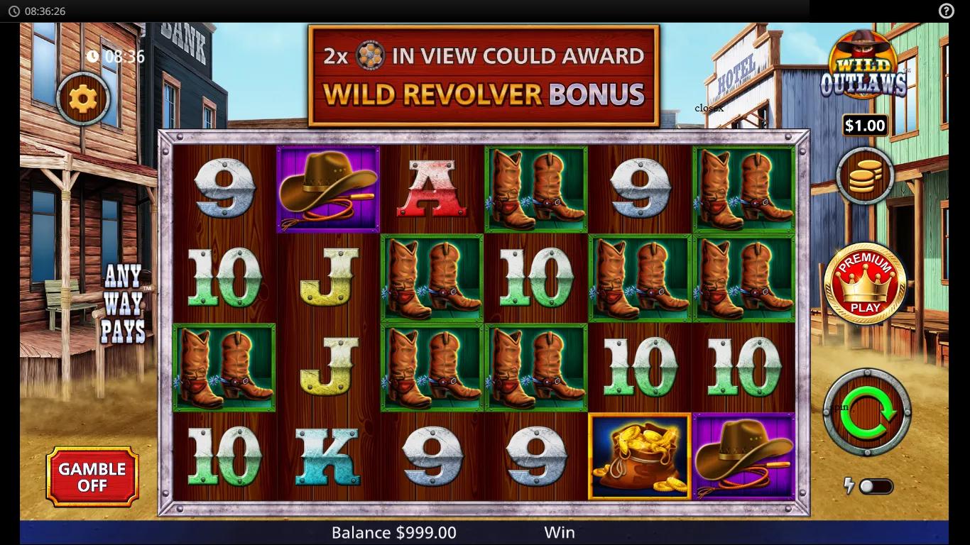 Wild Outlaws slot gameplay showing 6x4 grid with western symbols and saloon-town backdrop