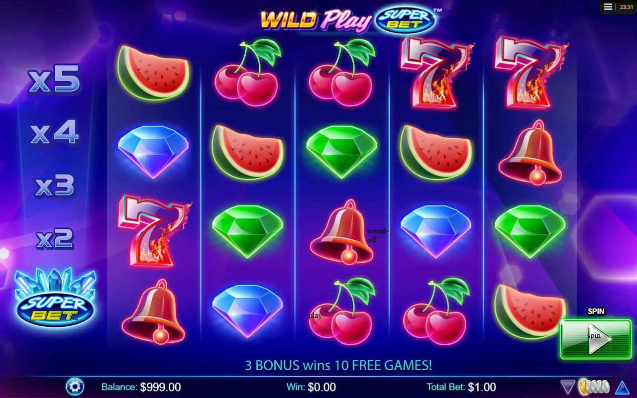 Wild Play SuperBet slot gameplay showing 5x4 grid with flaming Red 7s, neon fruits and the SuperBet x5 multiplier ladder