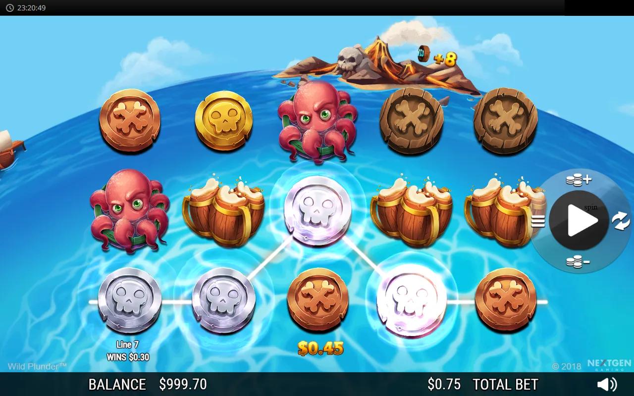 Wild Plunder slot gameplay showing 5x3 pirate-themed grid with Line 7 win on skull-coin symbols