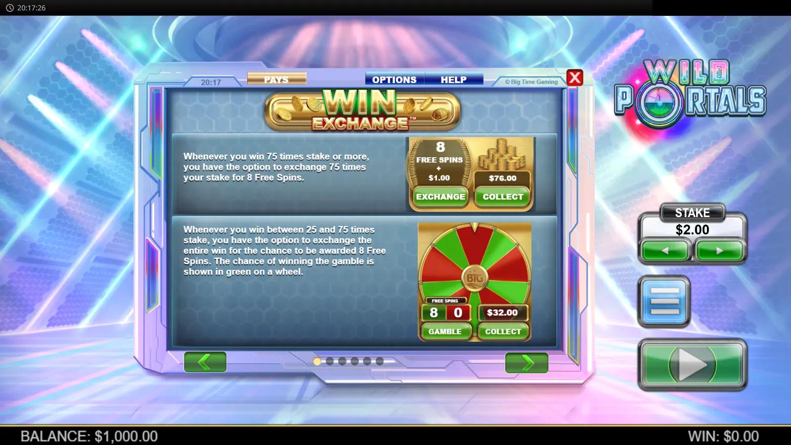 Wild Portals slot Win Exchange screen showing the 8-Free-Spins exchange and gamble wheel in a neon sci-fi chamber