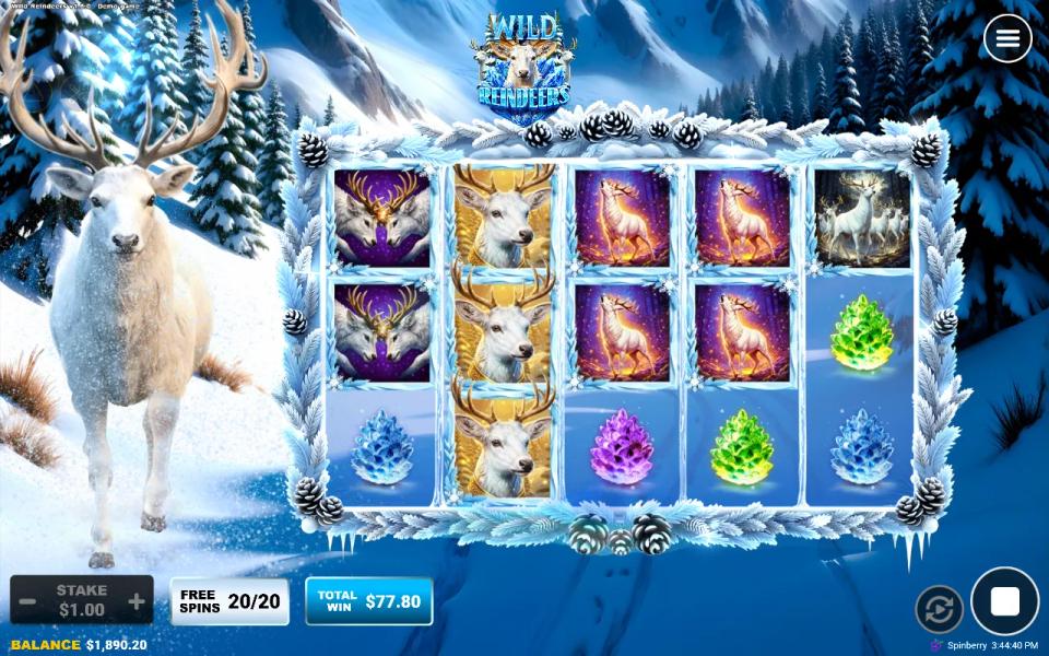 Wild Reindeers free spins board with three gold reindeer stacked on the second reel and white reindeer on reels three and four, snowy pine forest behind the reels