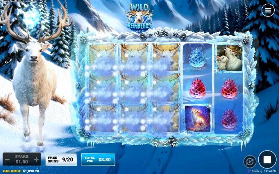 The Wild Reindeers feature covering the first three reels in ice during the bought free spins